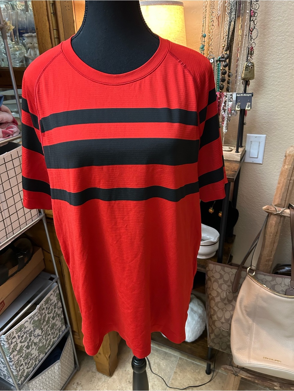 lululemon athletica Red and Black Striped Crew Tee